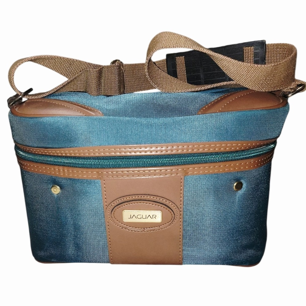 Jaguar Travel Toiletry Bag Blue Nylon Brown Trim Zip Case Organizer Grooming Kit